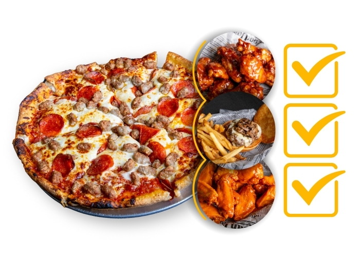 Homemade pizza, buffalo wings with bleu cheese, and a half-pound Certified Angus Beef burger