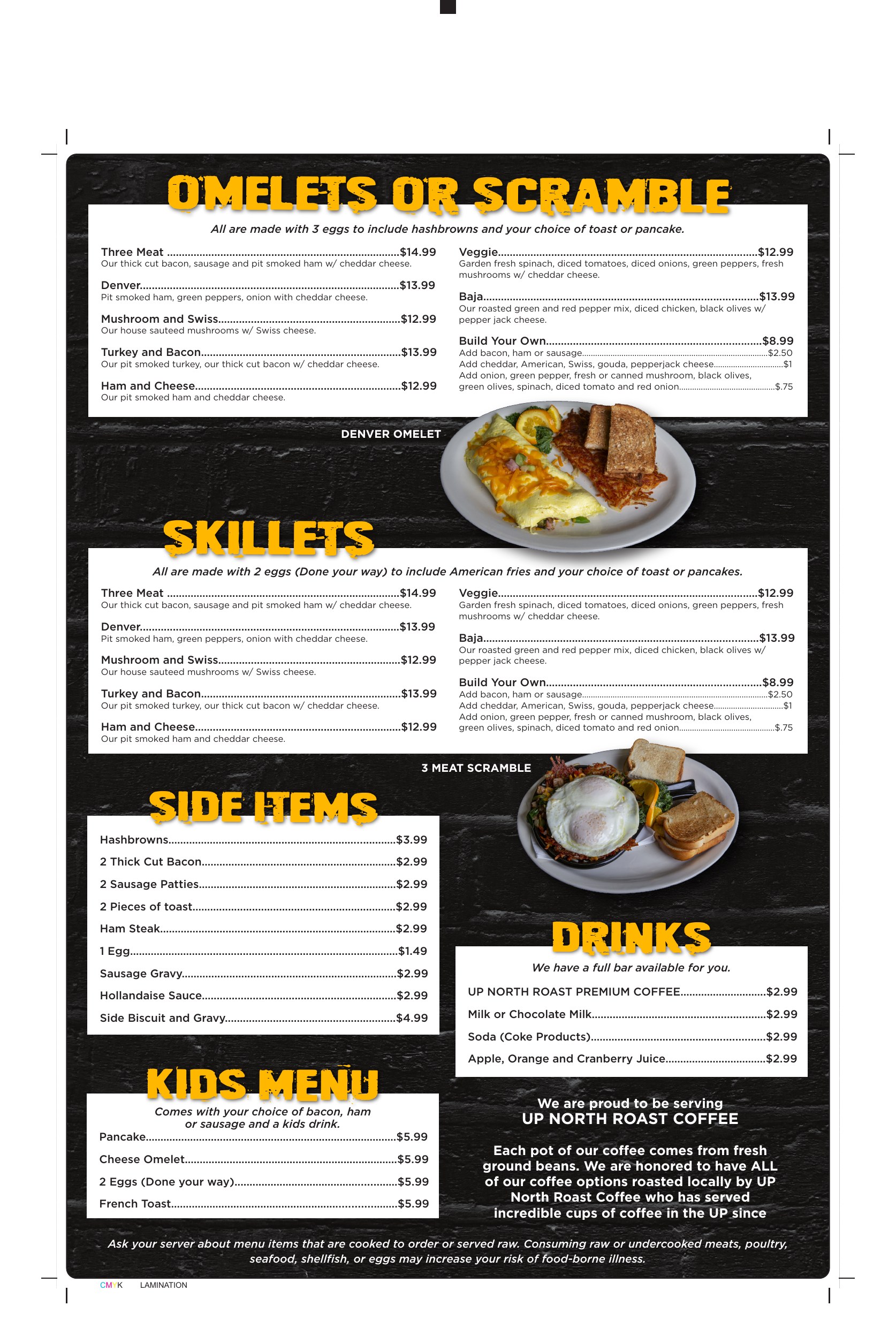 Mo's Pub breakfast menu, omelets and skillets