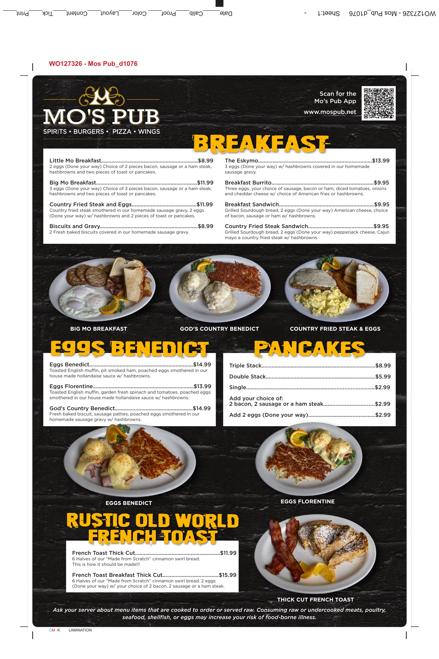 Mo's Pub breakfast menu, eggs and breakfast plates